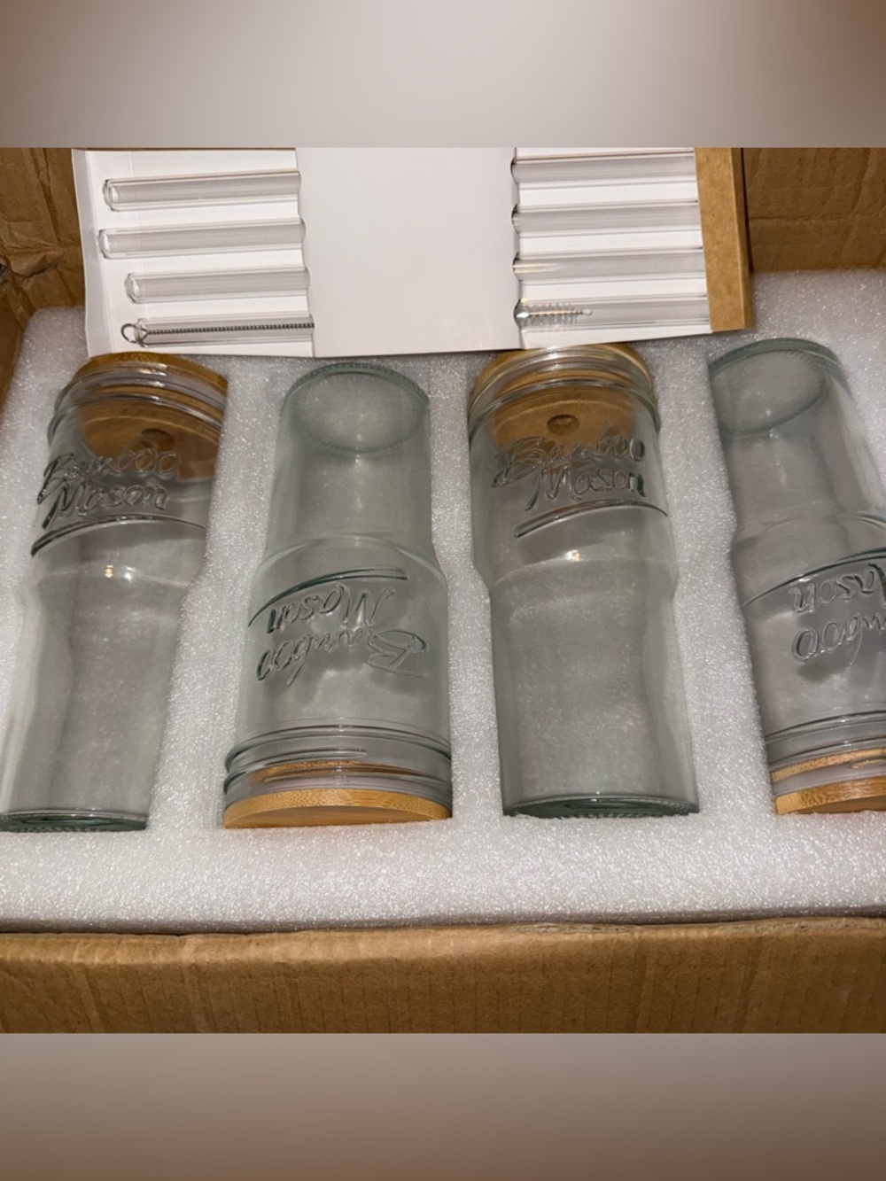 Clear Glass Drinking Tumblers with Bamboo Lids - Set of 4. 24oz